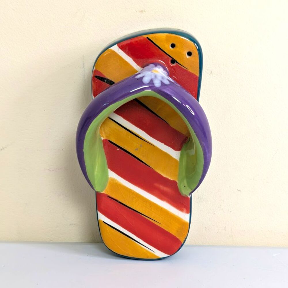 1 Ceramic Striped Multicolor Flip Flop Figurine Glossy Beach 3D Effect 4in